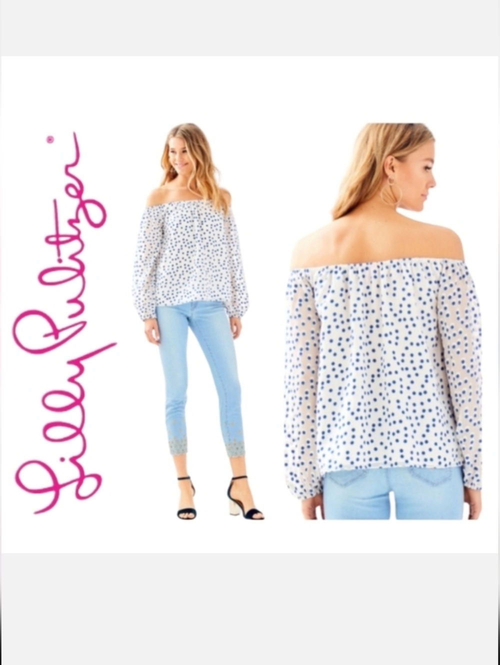 Lilly Pulitzer Lou Lou Blouse Off The Shoulder Bennet Blue Polka Dot Sz S